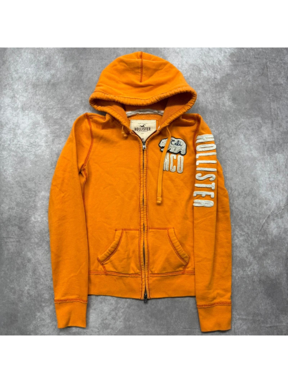 Vintage Hollister Womens Medium Full Zip Orange Hoodie Bear Spellout